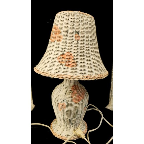 Vintage Wicker Table Lamp With Hand-Painted Floral Details & Shade - Picture 12 of 12